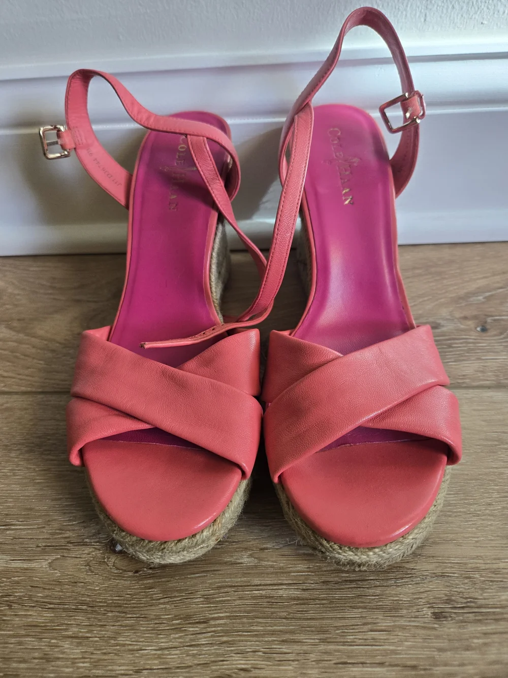 Cole Haan Coral Pink Crisscross Espadrille Wedge Sandals